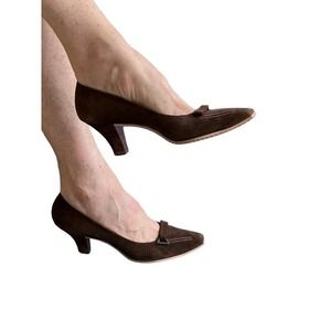 50s Delman VTG Brown Suede Ladies Pump Wood Heel Made in England Suede Sz 7-7.5